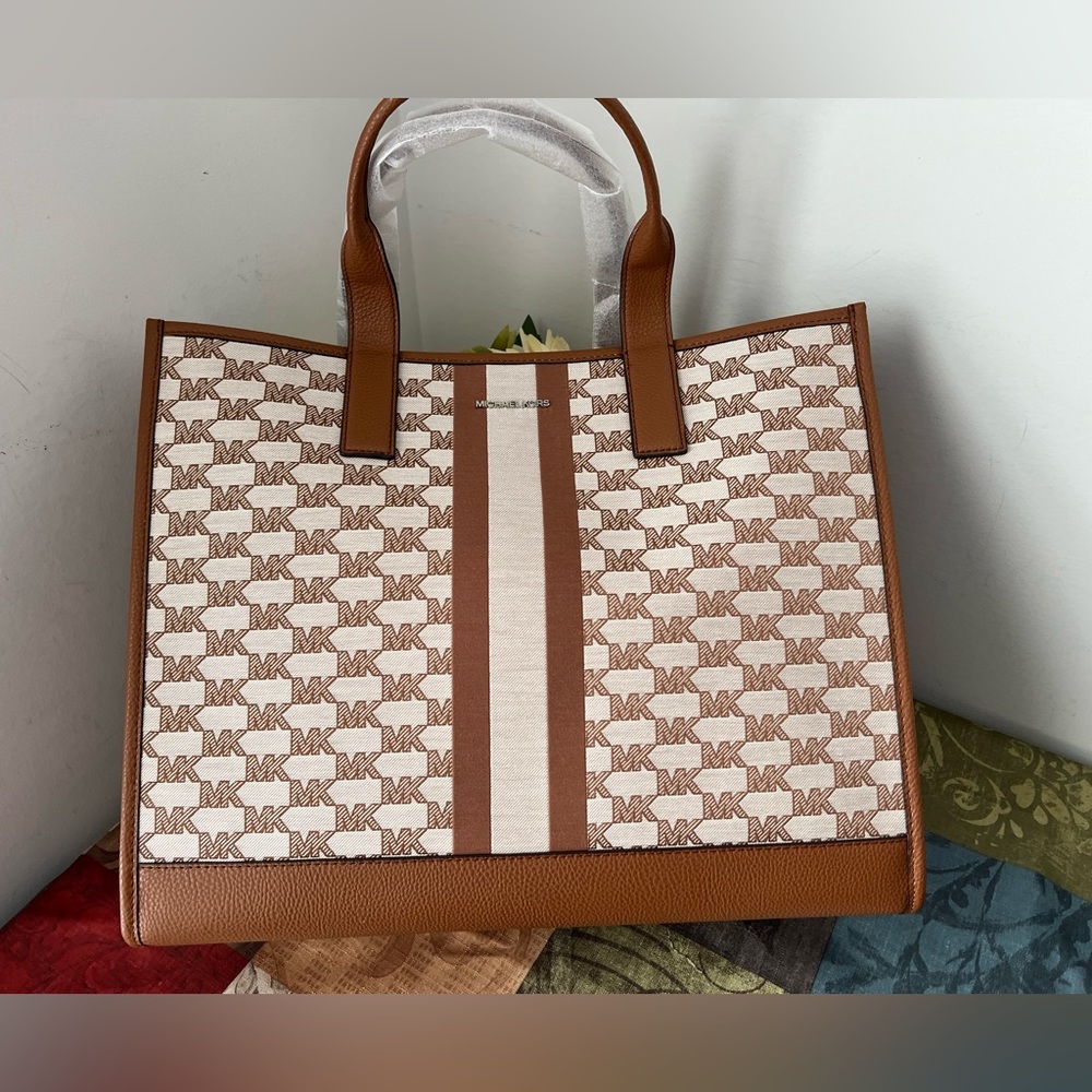 MICHAEL KORS COOPER STRUCTURED TOTE BAG + WALLET BROWN MULTI NEW - Picture 2 of 9